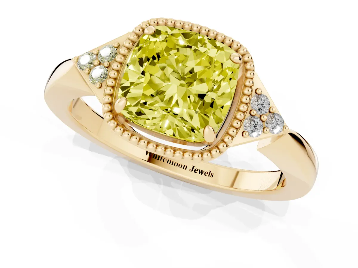 Fancy Yellow Hexagonal Halo Cushion Cut Diamond Solitaire with Pavé Band and Four-Prong Setting Yellow gold