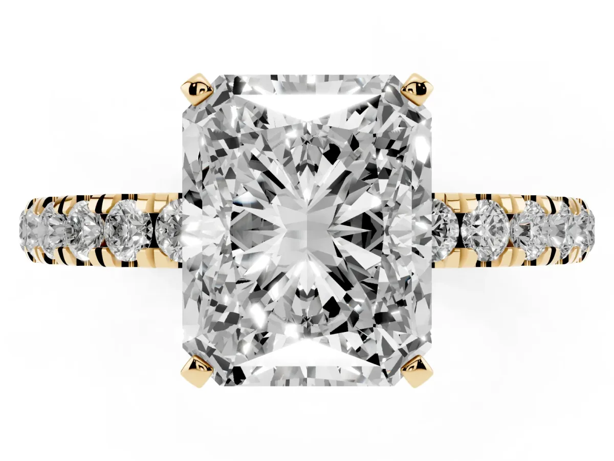 Radiant Cut Diamond Solitaire Ring with Pavé Accents and Four-Prong Setting Yellow gold