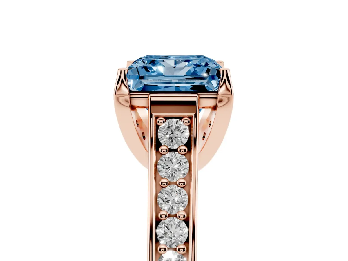 Fancy Blue Princess Cut Brilliant Cut Diamond Engagement Ring with Pavé Band and Four-Prong Setting Rose gold
