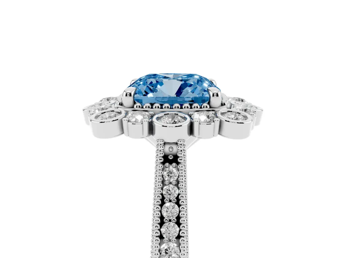 Fancy Blue Cushion Cut Halo Milgrain Pave Diamond Ring with Four-Prong Setting Silver