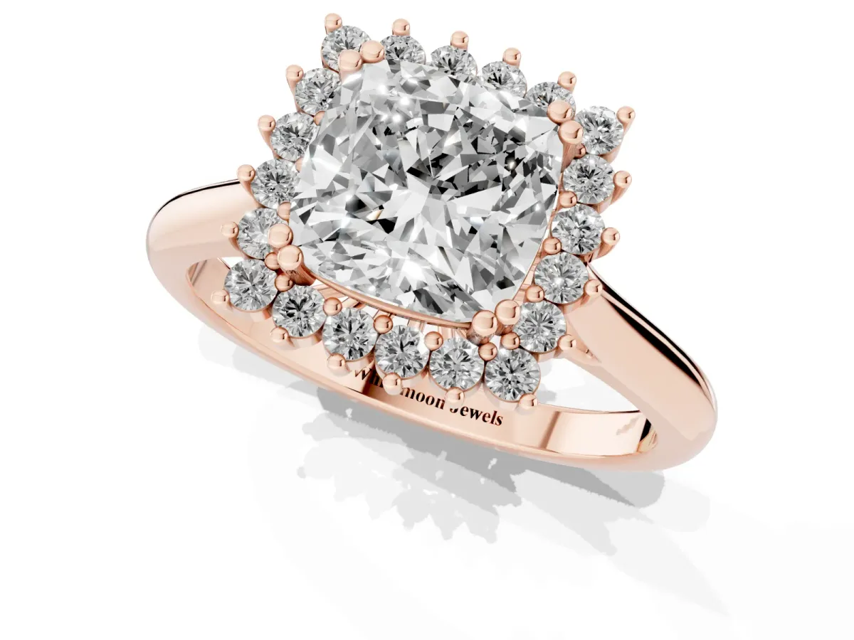 Cushion Cut Cut Diamond Halo Ring with Solitaire Band and Prong Setting Rose gold