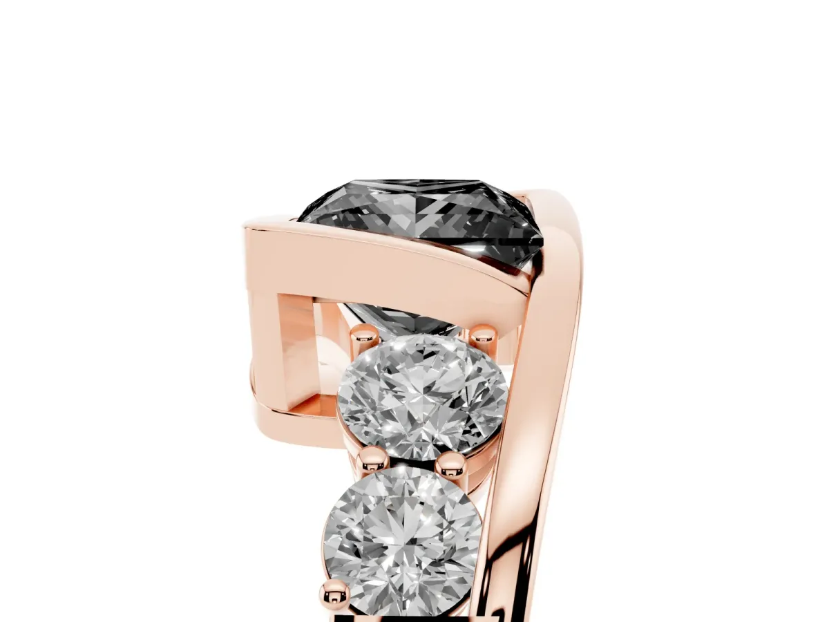 Fancy Black Bezel Set Princess Cut Diamond Bypass Ring with Round Accents Rose gold