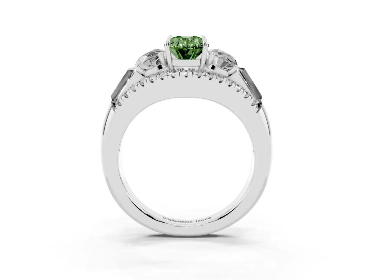 Fancy Green Three-Stone Oval Cut Diamond Engagement Ring with Pave Band and Prong Setting Silver