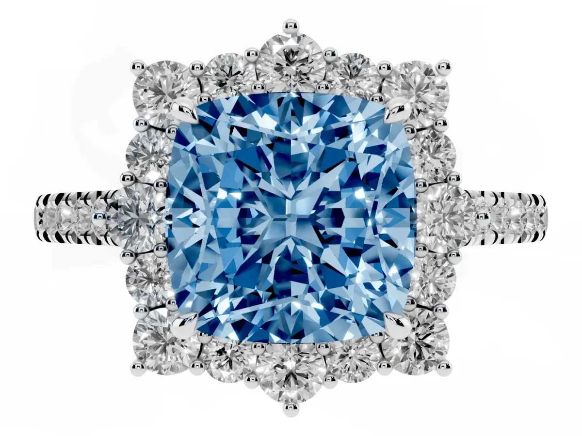 Fancy Blue Cushion Cut Halo Diamond Ring with Pavé Band and Prong Setting White gold