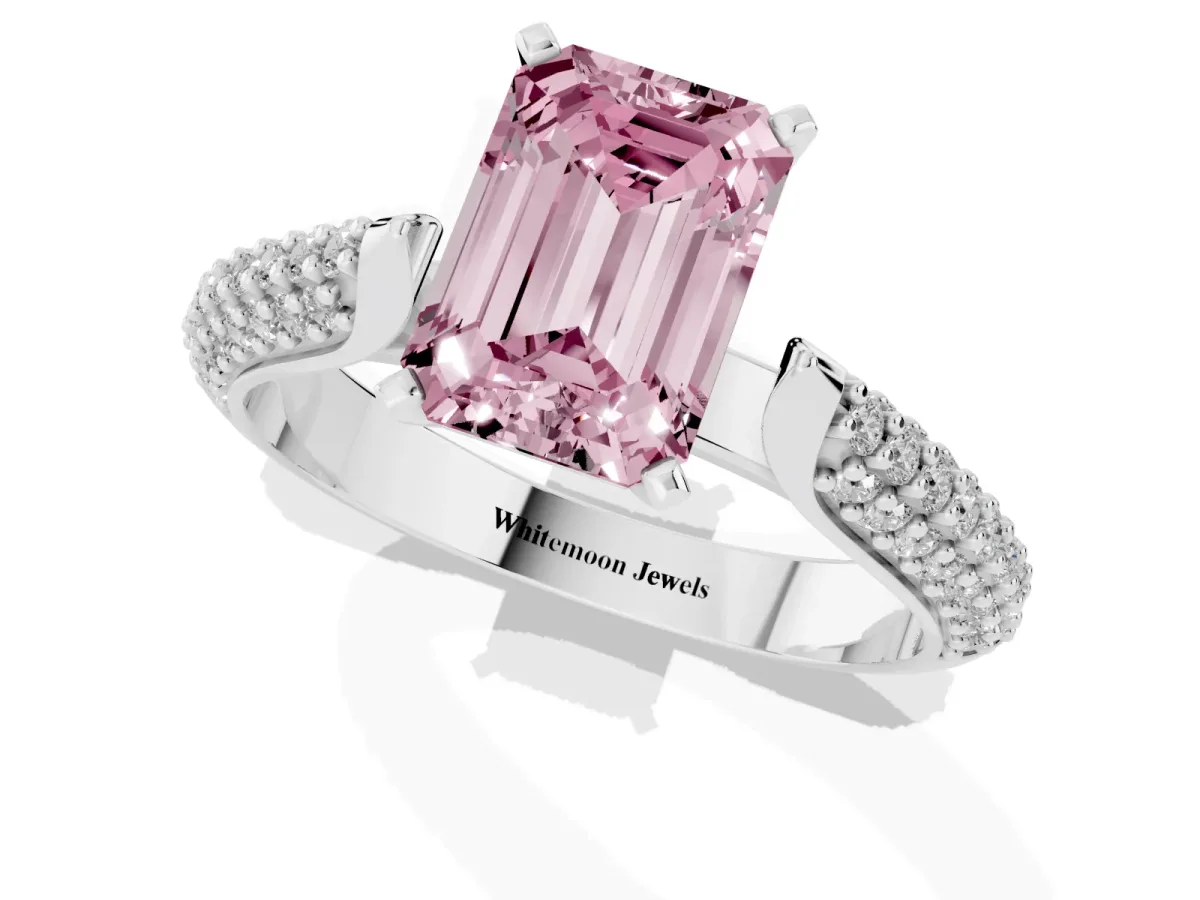 Fancy Pink Emerald Cut Diamond Solitaire Engagement Ring with Multi-Row Round Pavé Band and Prong Setting Silver