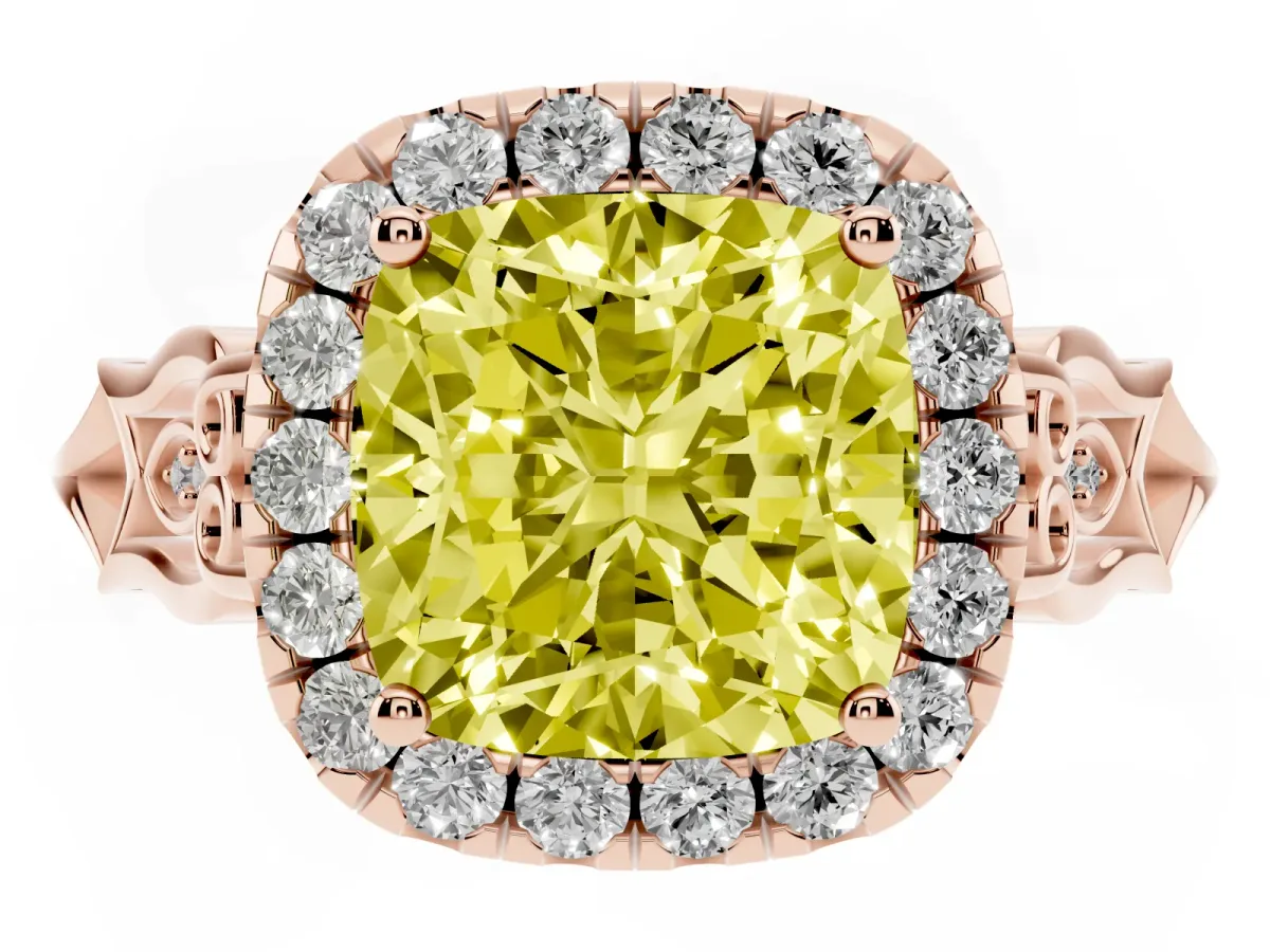 Fancy Yellow Cushion Cut Halo Diamond Engagement Ring with Filigree Band and Four-Prong Setting Rose gold