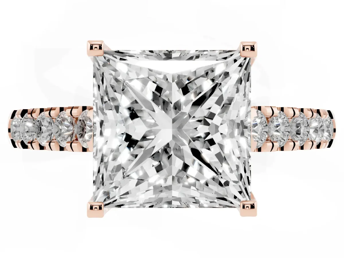 Princess Cut Diamond Pavé Band Solitaire Ring with Prong Setting Rose gold