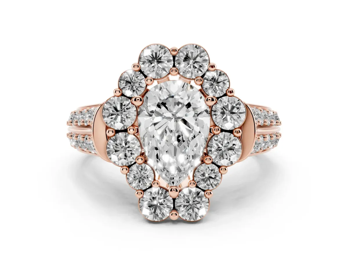 Pear Cut Halo Diamond Engagement Ring with Split Shank and Prong Setting Rose gold