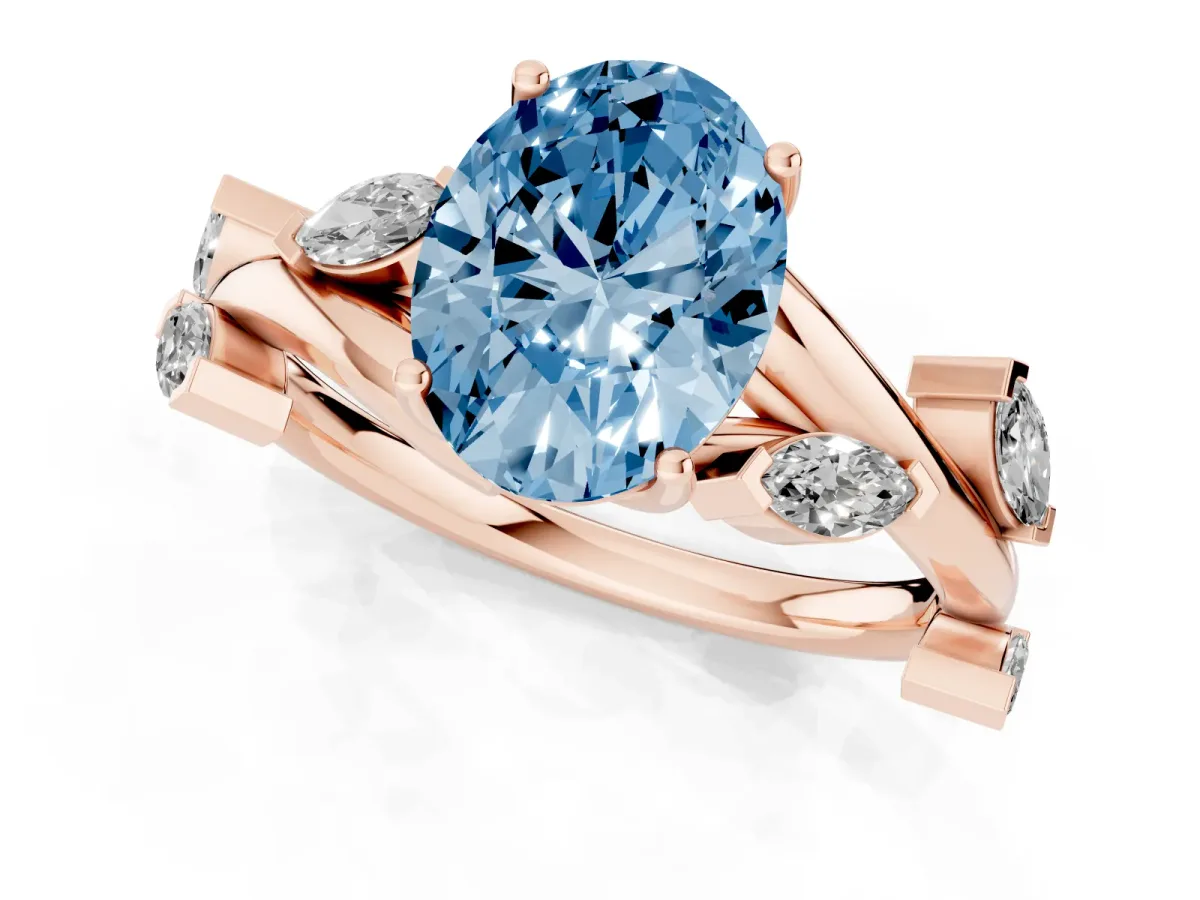 Fancy Blue Oval Cut Solitaire Twisted Band Marquise Accent Prong Setting Ring Rose gold