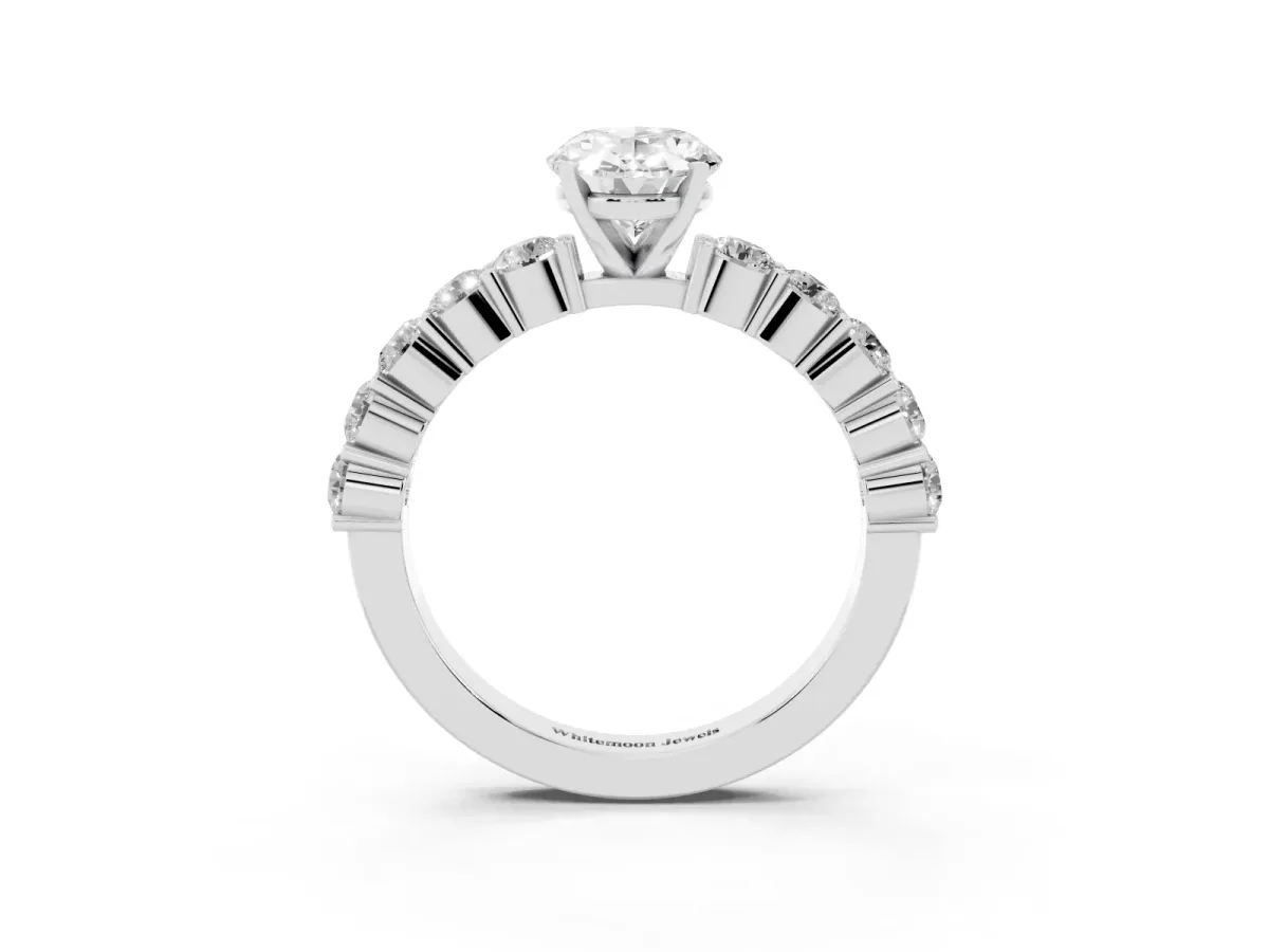 Oval Cut Diamond Solitaire Ring with Shared Prong Round Side Stones Silver