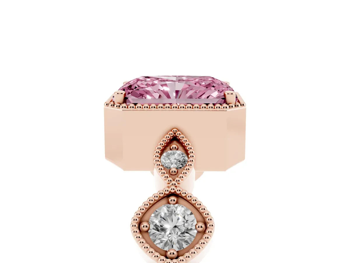 Fancy Pink Radiant Cut Diamond Vintage Milgrain Ring with Round Stations Rose gold