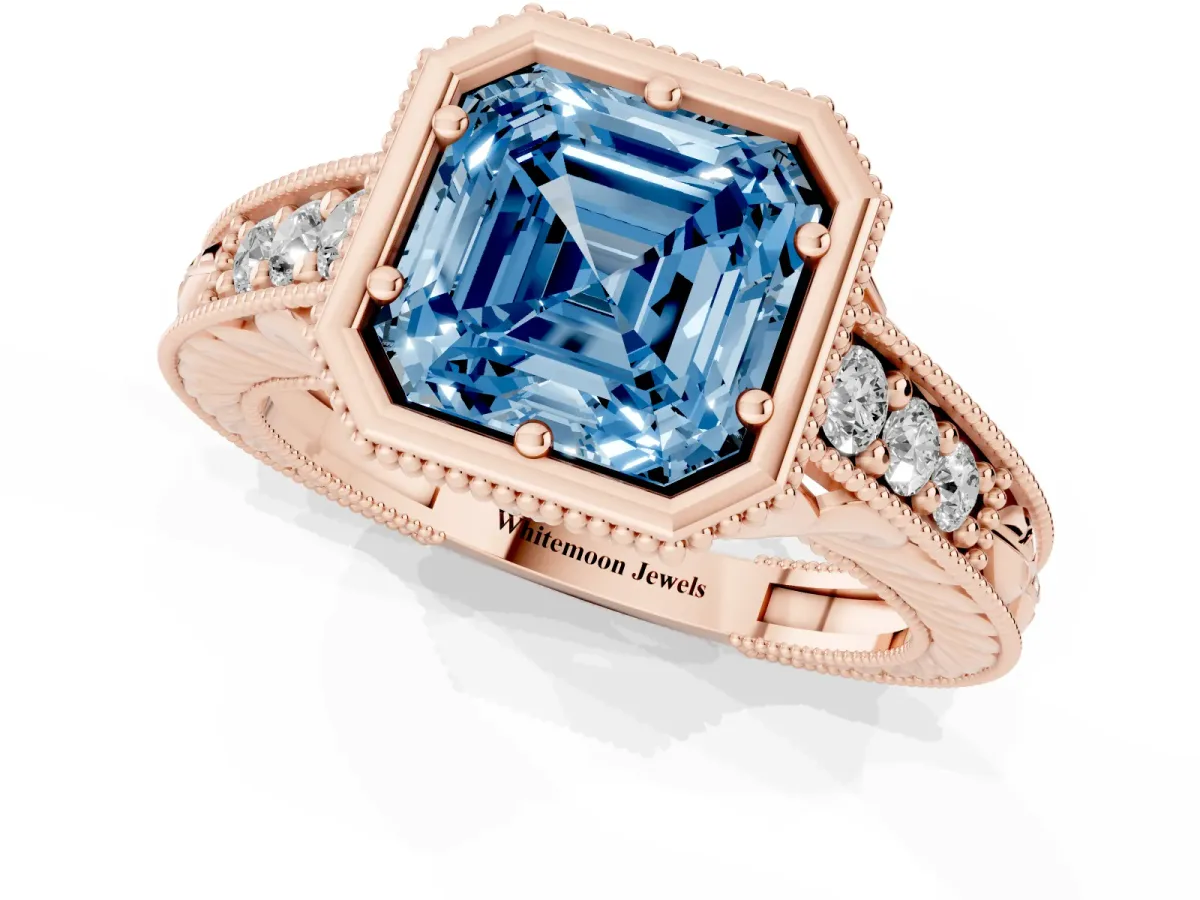 Fancy Blue Bezel Set Asscher Cut Diamond Milgrain Pave Engagement Ring Rose gold