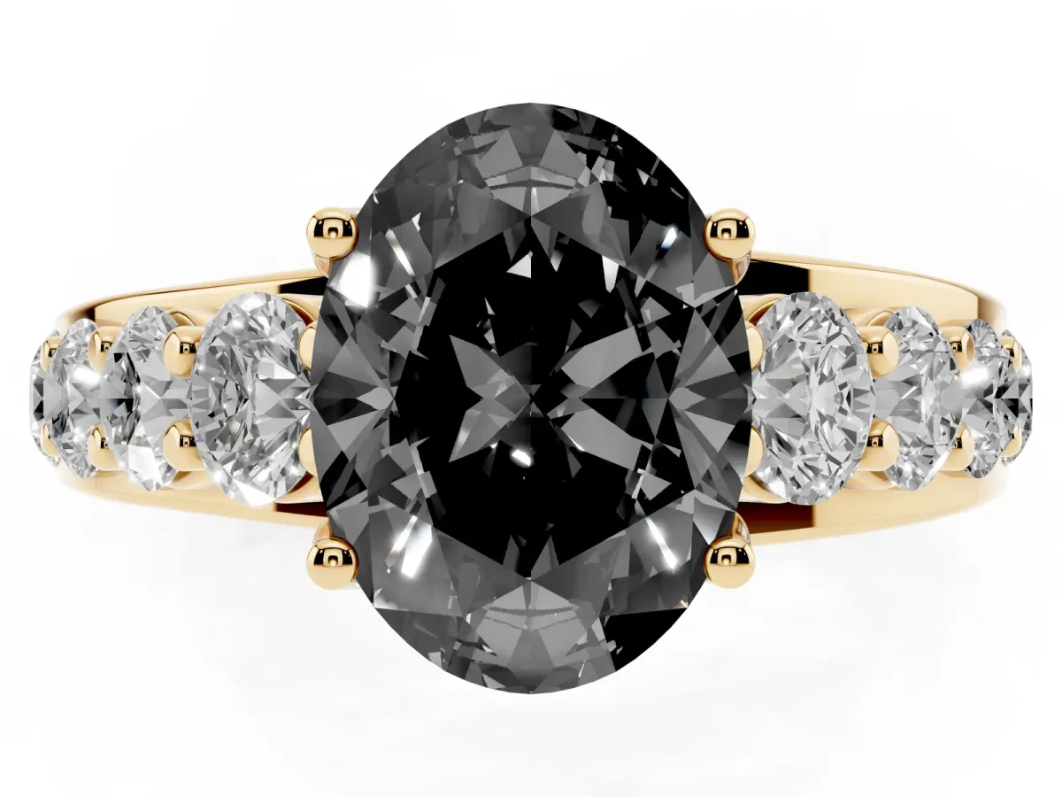 Fancy Black Oval Cut Diamond Engagement Ring with Pavé Band and Four-Prong Setting Yellow gold