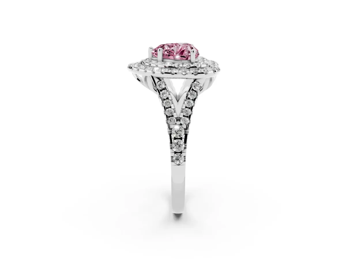 Fancy Pink Double Halo Heart Cut Diamond Pavé Split Shank Ring with Prong Setting Platinum