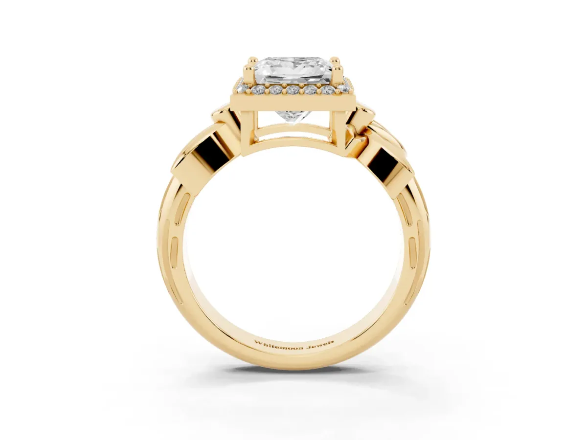 Princess Cut Halo Diamond Floral Band with Four-Prong Setting Yellow gold