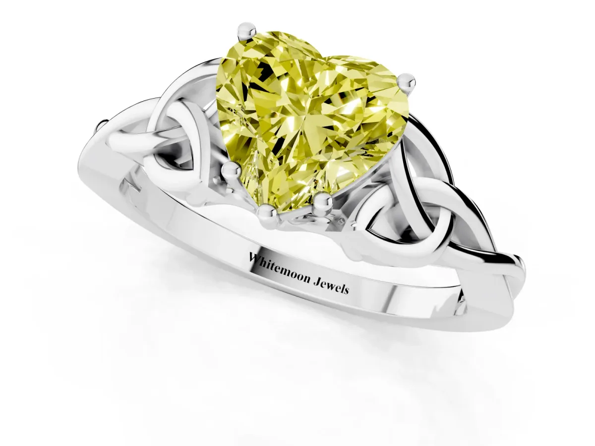 Fancy Yellow Heart Cut Diamond Solitaire Engagement Ring with Celtic Knot Band and Four-Prong Setting White gold