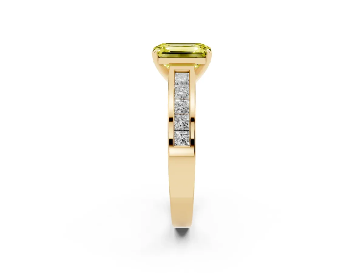 Fancy Yellow Emerald Cut Solitaire Diamond Ring with Channel-Set Band and Four-Prong Setting Yellow gold