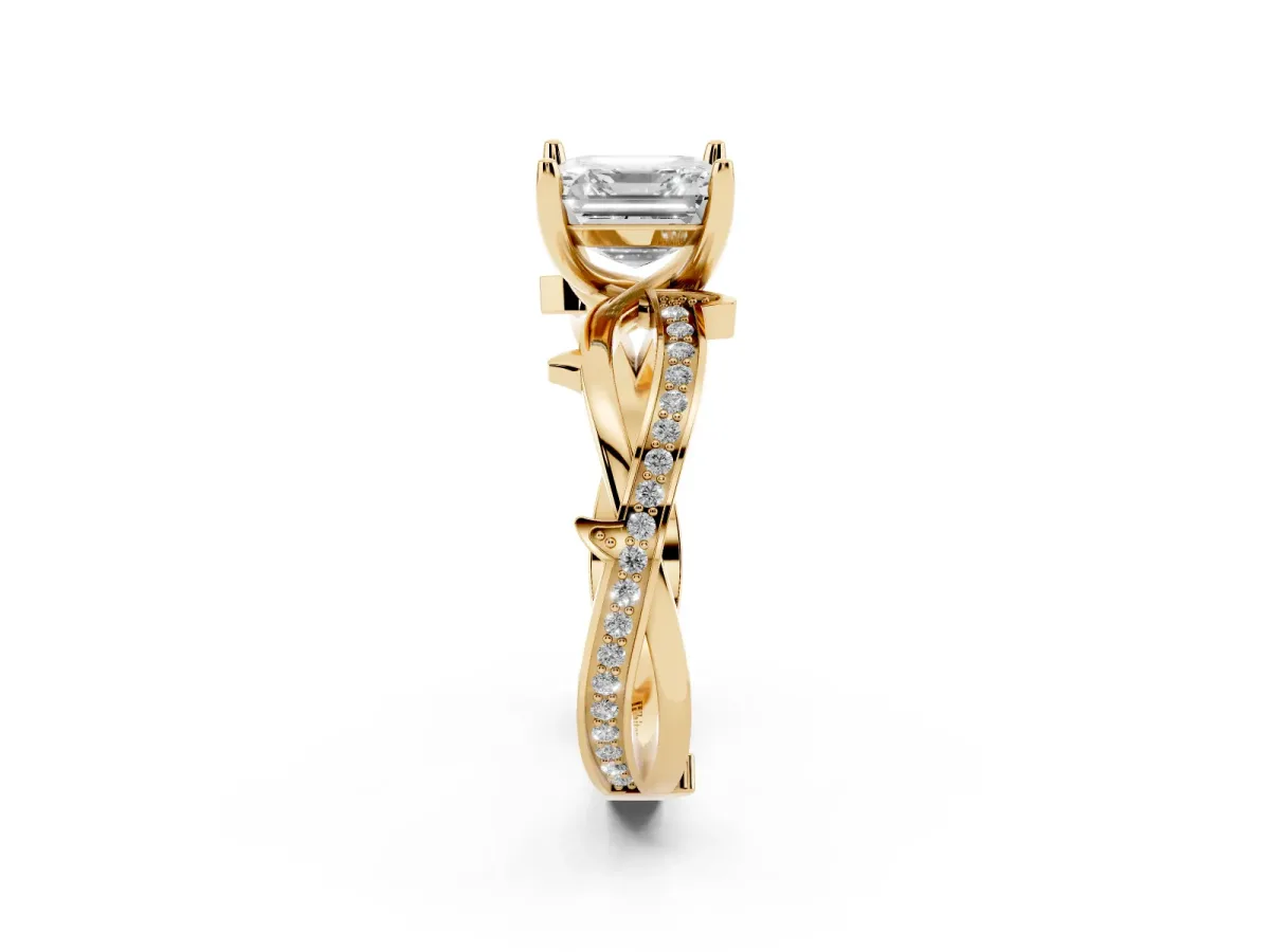 Asscher Cut Solitaire Twist Band with Pavé Accents and Four-Prong Setting Yellow gold