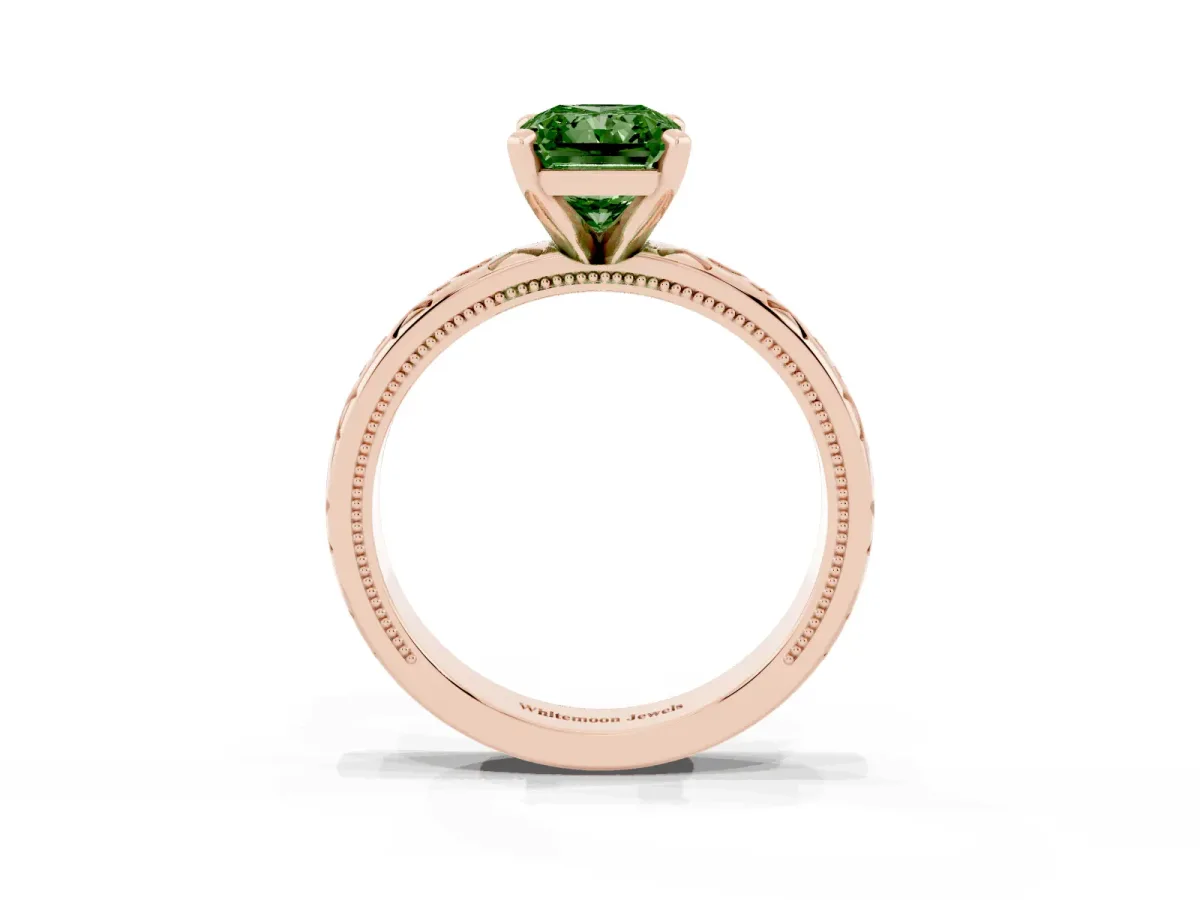 Fancy Green Radiant Cut Solitaire Engagement Ring with Scrollwork Band and Four-Prong Setting Rose gold