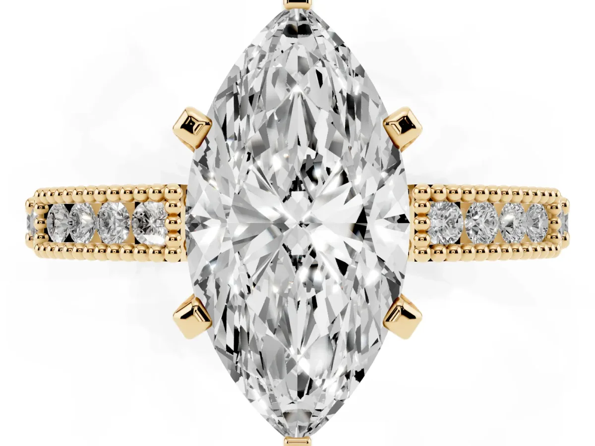 Marquise Cut Solitaire with Pavé Band and Four-Prong Setting Yellow gold