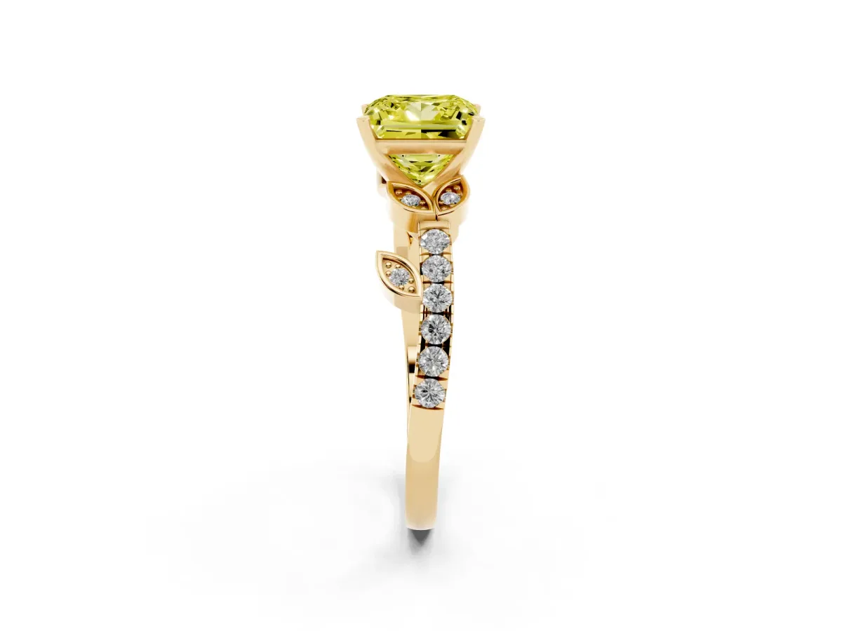 Fancy Yellow Princess Cut Solitaire Leaf-Inspired Diamond Ring with Pavé Band and Four-Prong Setting Yellow gold