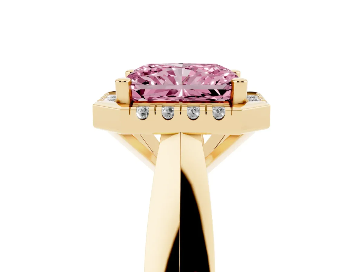 Fancy Pink Radiant Cut Cut Halo Solitaire Engagement Ring with Square Band and Four-Prong Setting Yellow gold