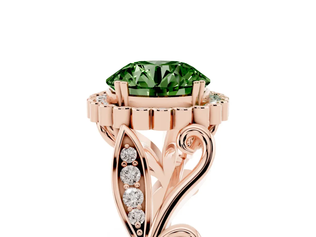 Fancy Green Round Cut Diamond Halo Ring with Vintage Split Shank and Four-Prong Setting Rose gold