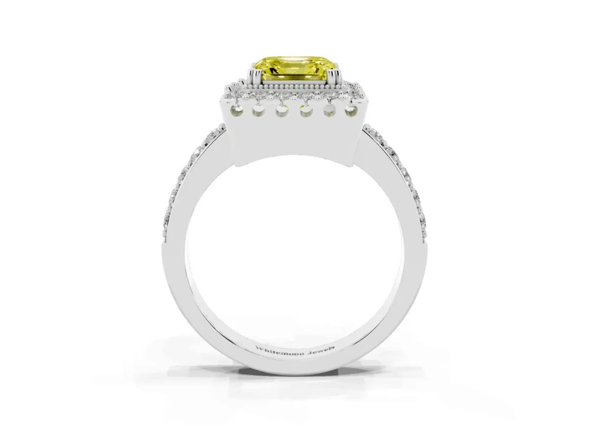 Fancy Yellow Asscher Cut Diamond Halo Ring with Pavé Band and Prong Setting Platinum