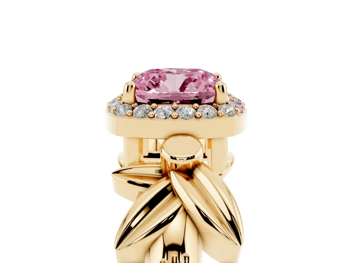 Fancy Pink Cushion Cut Halo Diamond Floral Band with Four-Prong Setting Yellow gold
