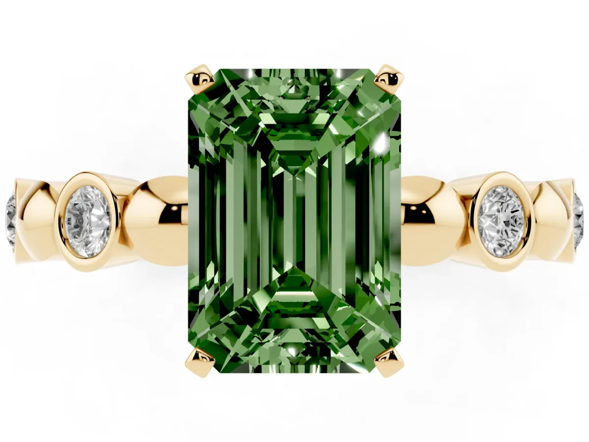 Fancy Green Emerald Cut Solitaire Bezel-Set Diamond Ring with Beaded Band and Four-Prong Setting Yellow gold