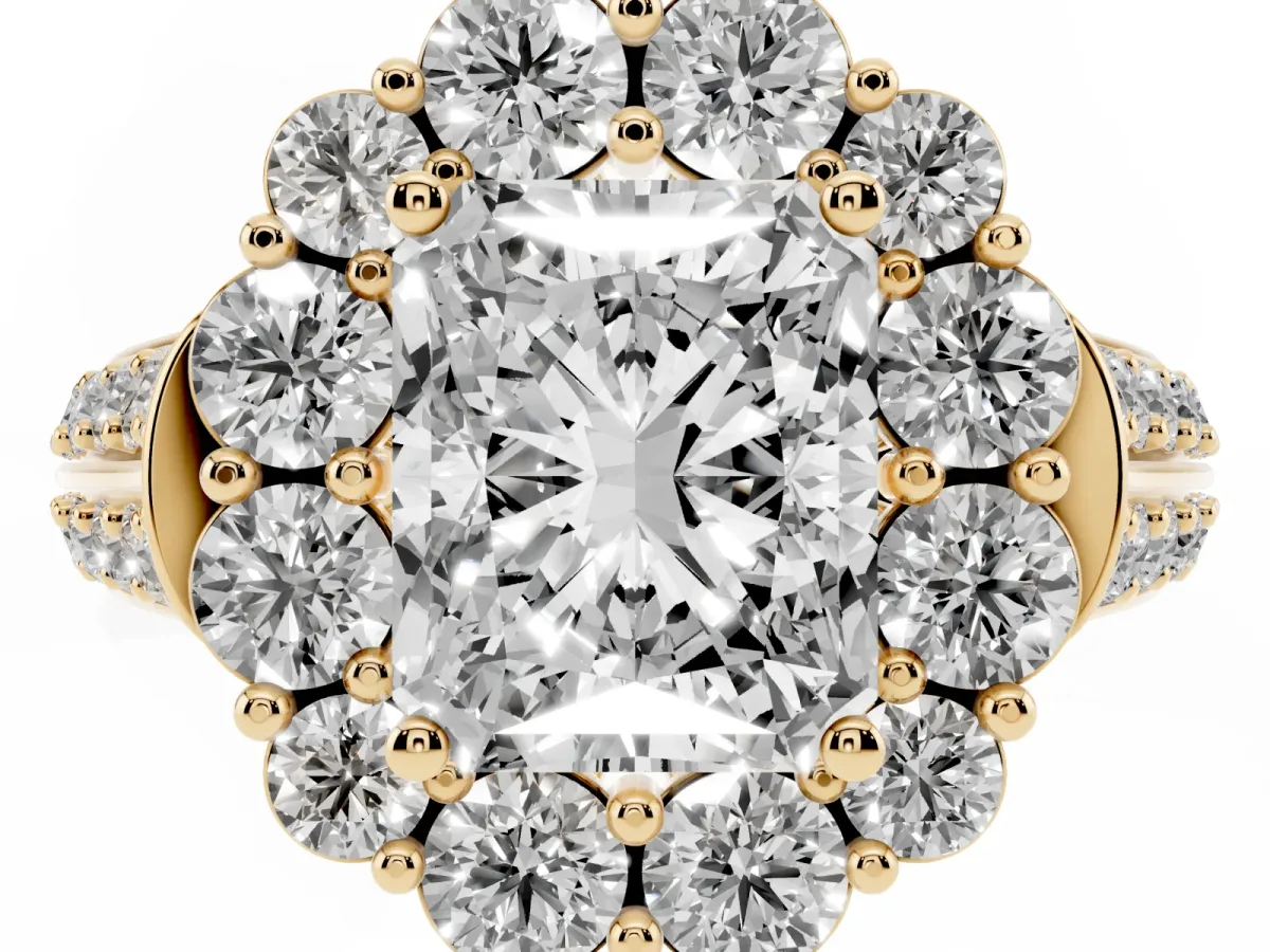 Radiant Cut Halo Diamond Engagement Ring with Split Shank and Prong Setting Yellow gold