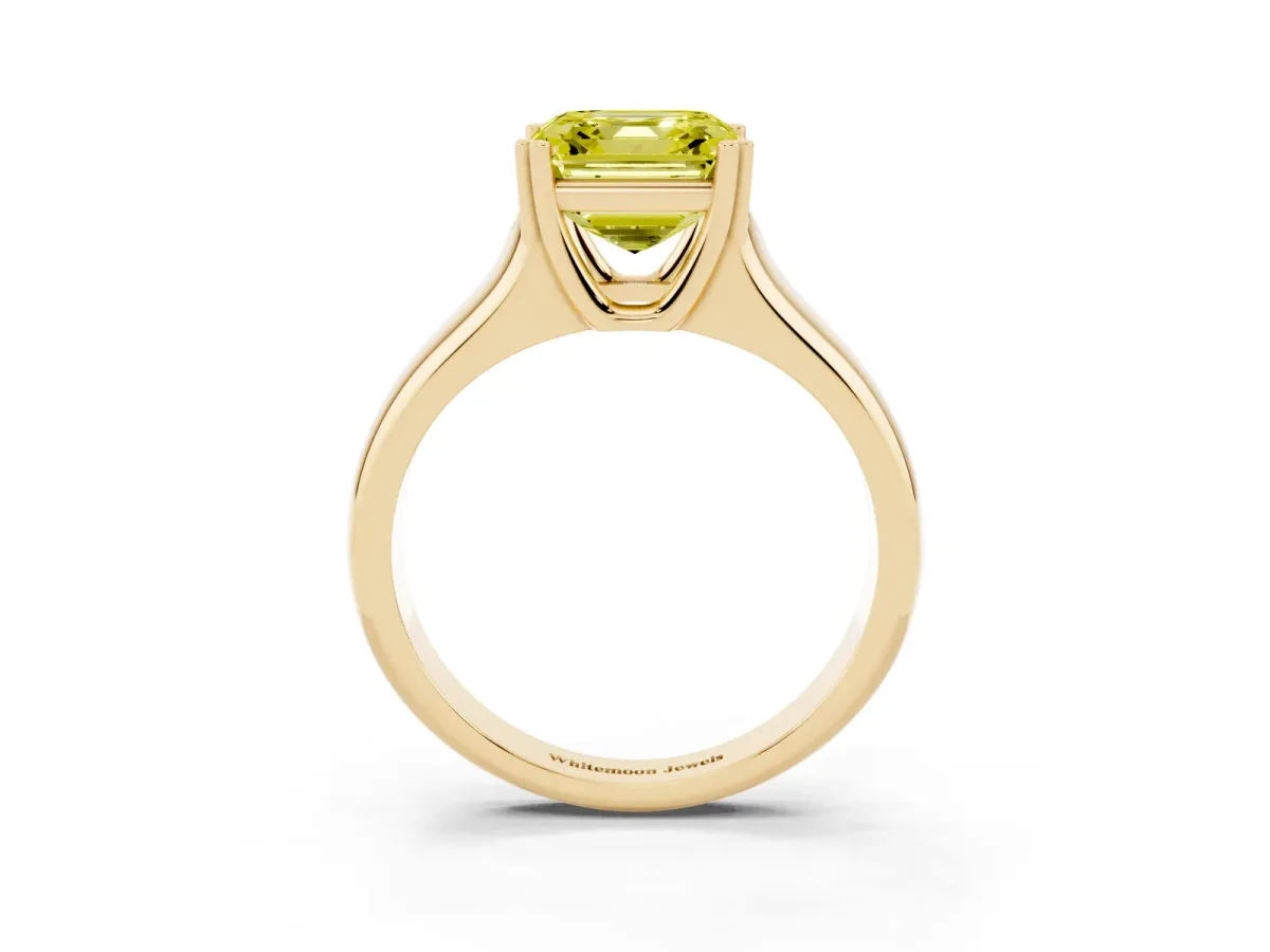 Fancy Yellow Asscher Cut Diamond Solitaire Ring with Wide Band and Prong Setting Yellow gold