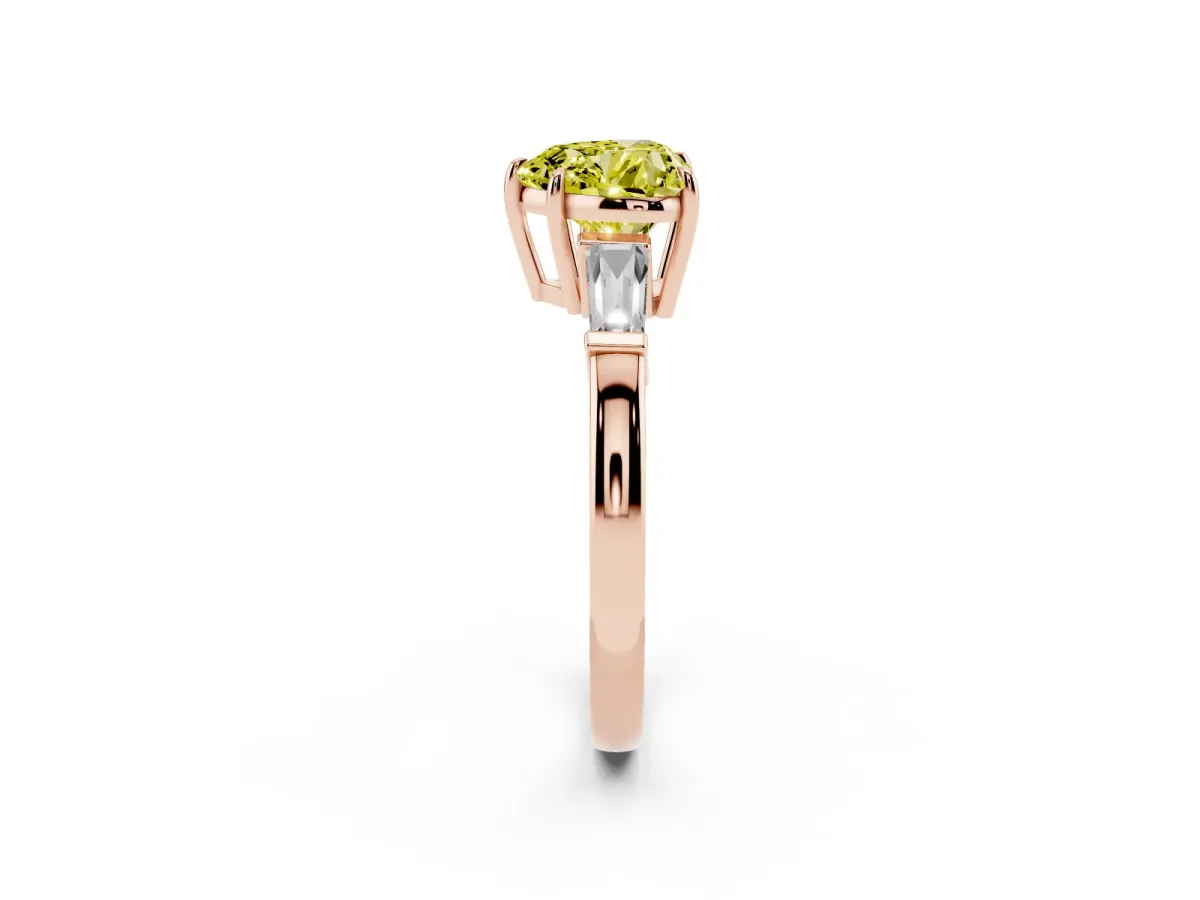 Fancy Yellow Heart Cut Diamond Three-Stone Ring with Tapered Baguette Side Stones and Prong Setting Rose gold