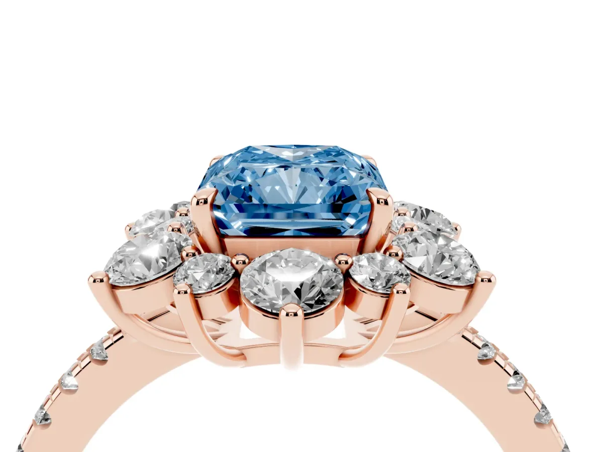 Fancy Blue Radiant Cut Diamond Floral Halo Ring with Round Pavé Band and Prong Setting Rose gold