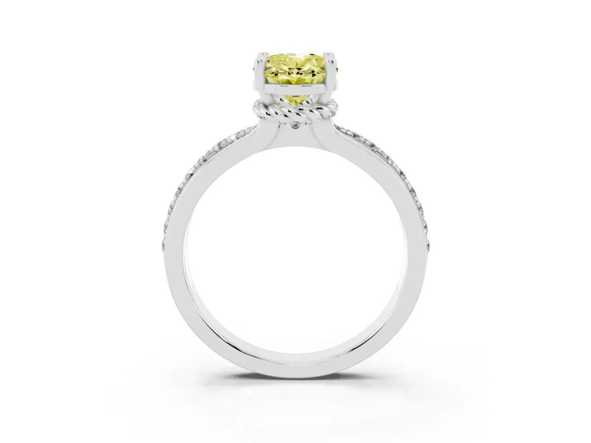 Fancy Yellow Oval Cut Solitaire Diamond Ring with Channel Set Band and Six-Prong Setting Silver