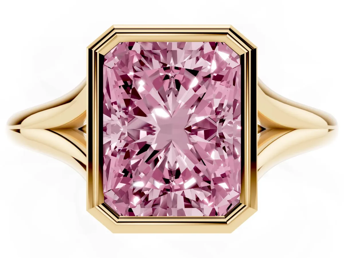 Fancy Pink Bezel Set Radiant Cut Cut Solitaire Ring with Tapered Band Yellow gold