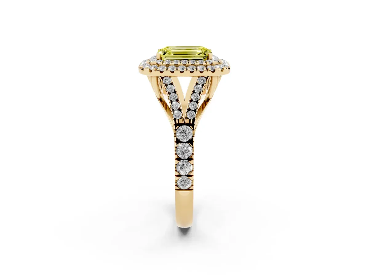 Fancy Yellow Emerald Cut Diamond Pavé Split Shank Double Halo Engagement Ring Yellow gold