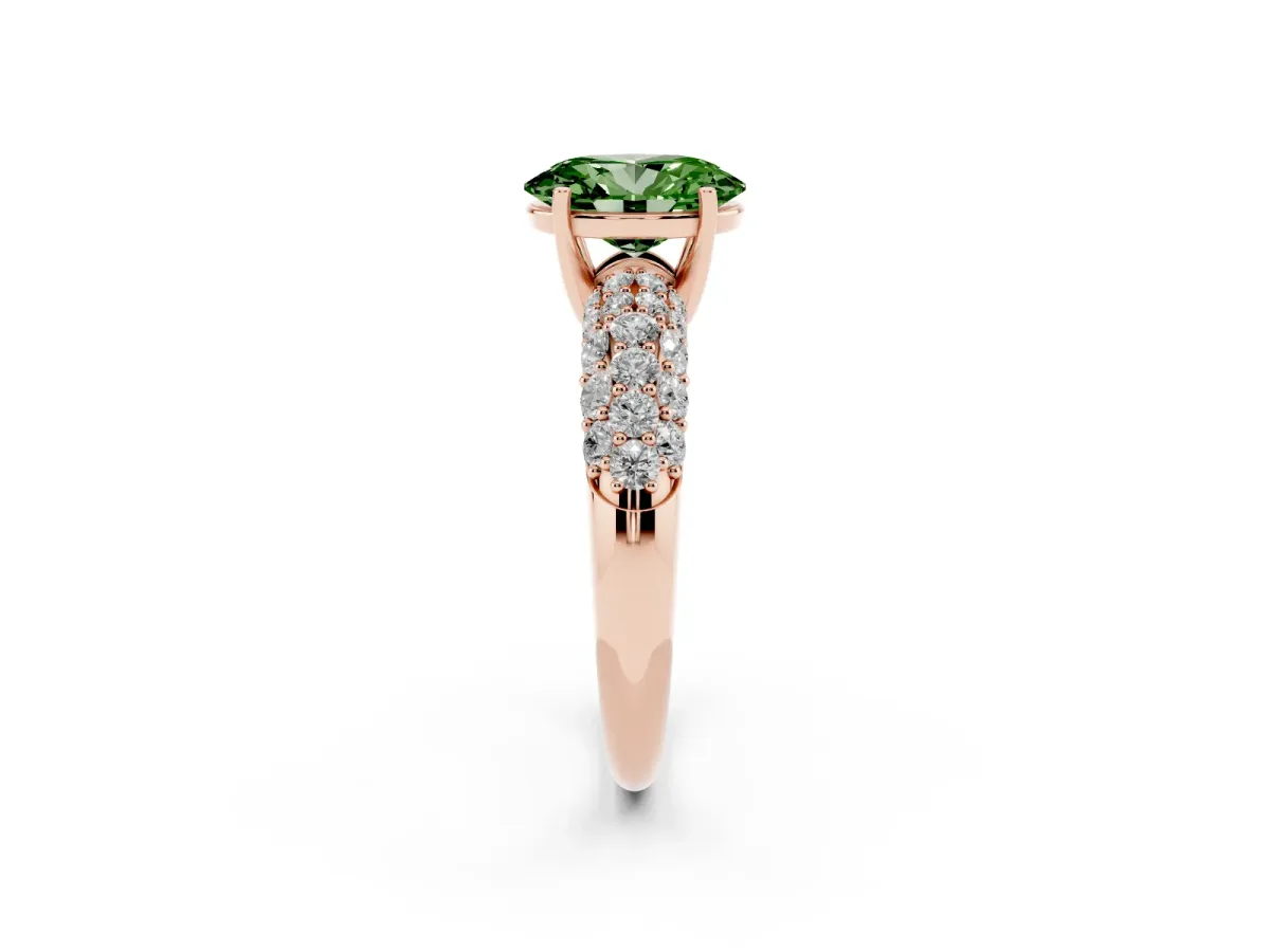 Fancy Green Oval Cut Diamond Pavé Band Solitaire Ring with Four-Prong Setting Rose gold