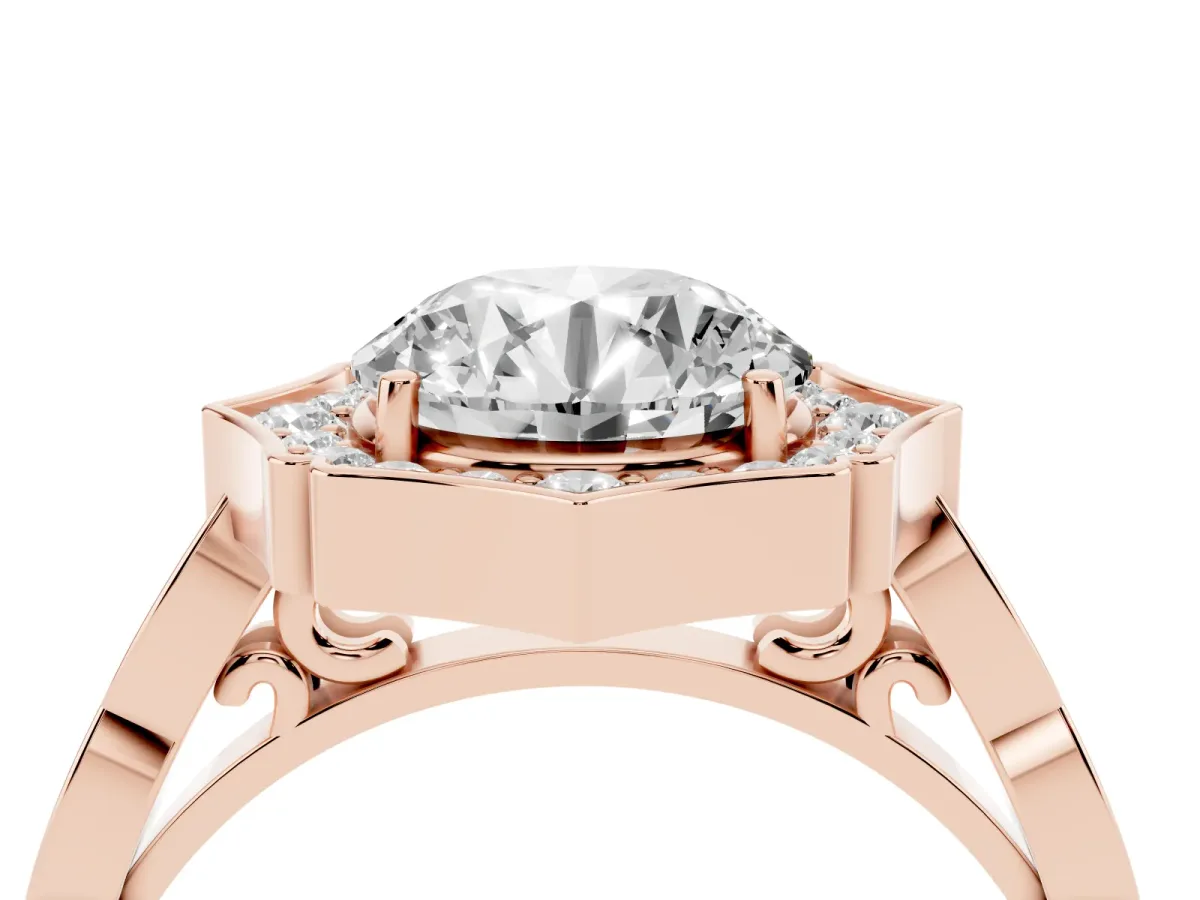 Round Cut Halo Diamond Engagement Ring with Milgrain Band and Four-Prong Setting Rose gold