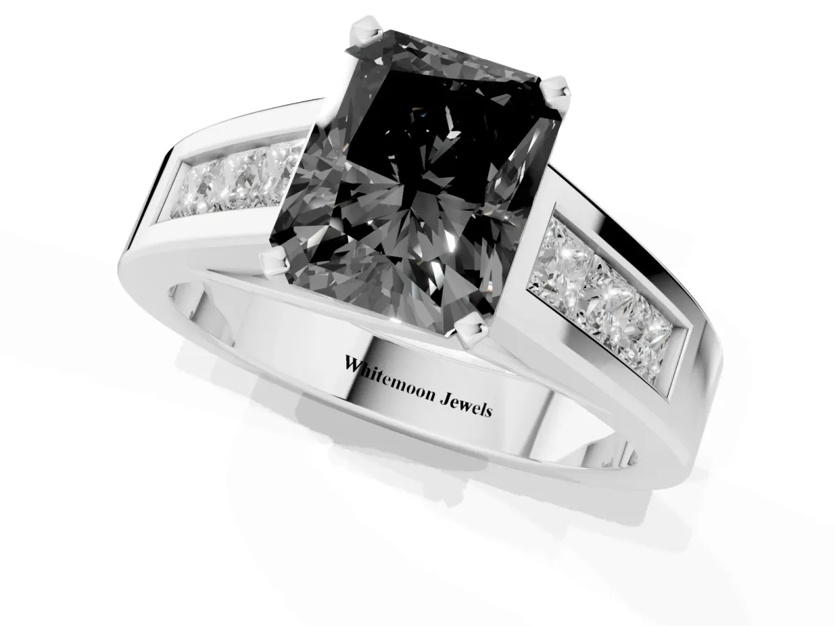 Fancy Black Radiant Cut Cut Channel Set Solitaire Ring with Four-Prong Setting Silver