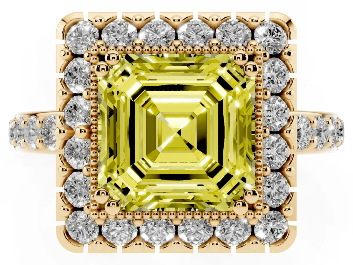 Fancy Yellow Asscher Cut Diamond Halo Ring with Pavé Band and Prong Setting Yellow gold