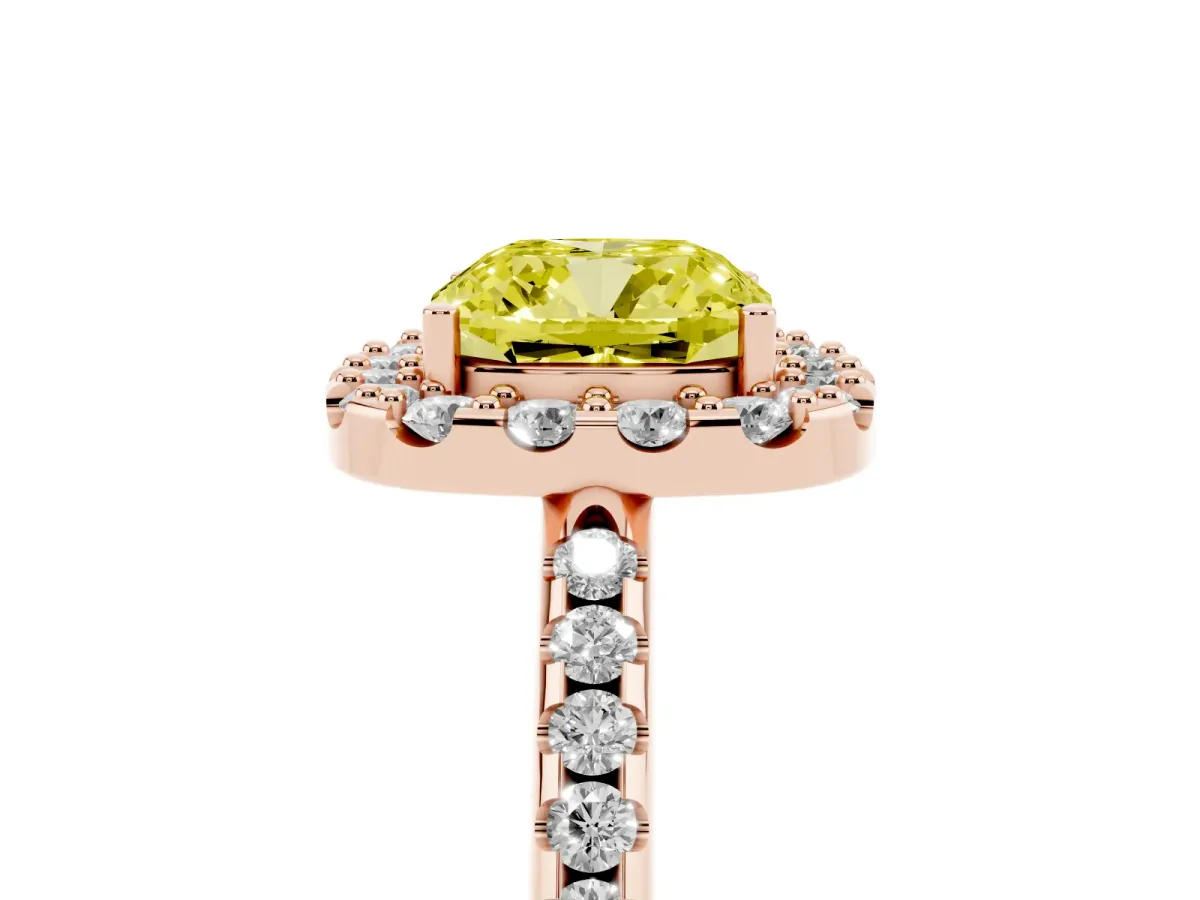 Fancy Yellow Cushion Cut Diamond Pavé Halo Ring with Four-Prong Setting Rose gold