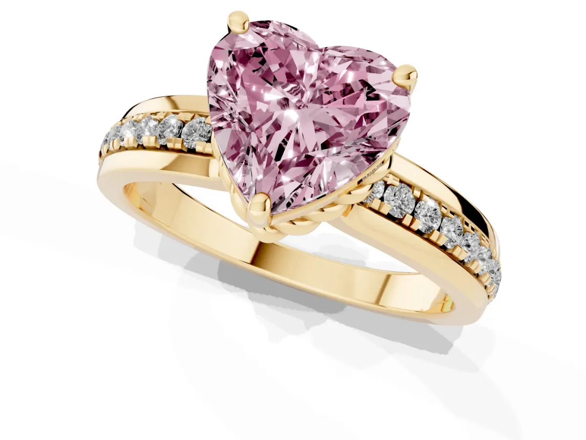 Fancy Pink Heart Cut Solitaire Diamond Ring with Channel Set Band and Six-Prong Setting Yellow gold