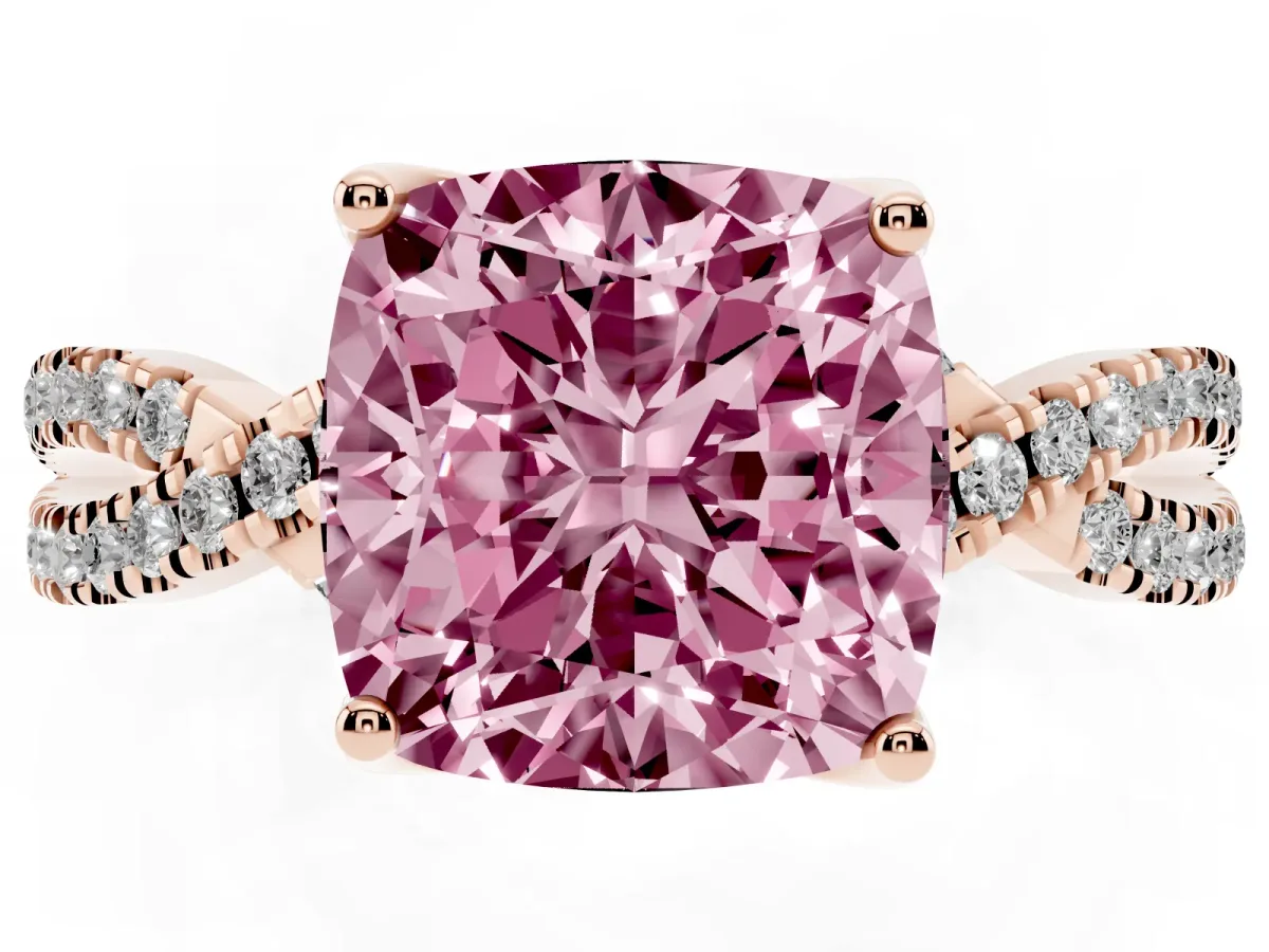 Fancy Pink Cushion Cut Solitaire Twist Pave Diamond Engagement Ring with Prong Setting Rose gold