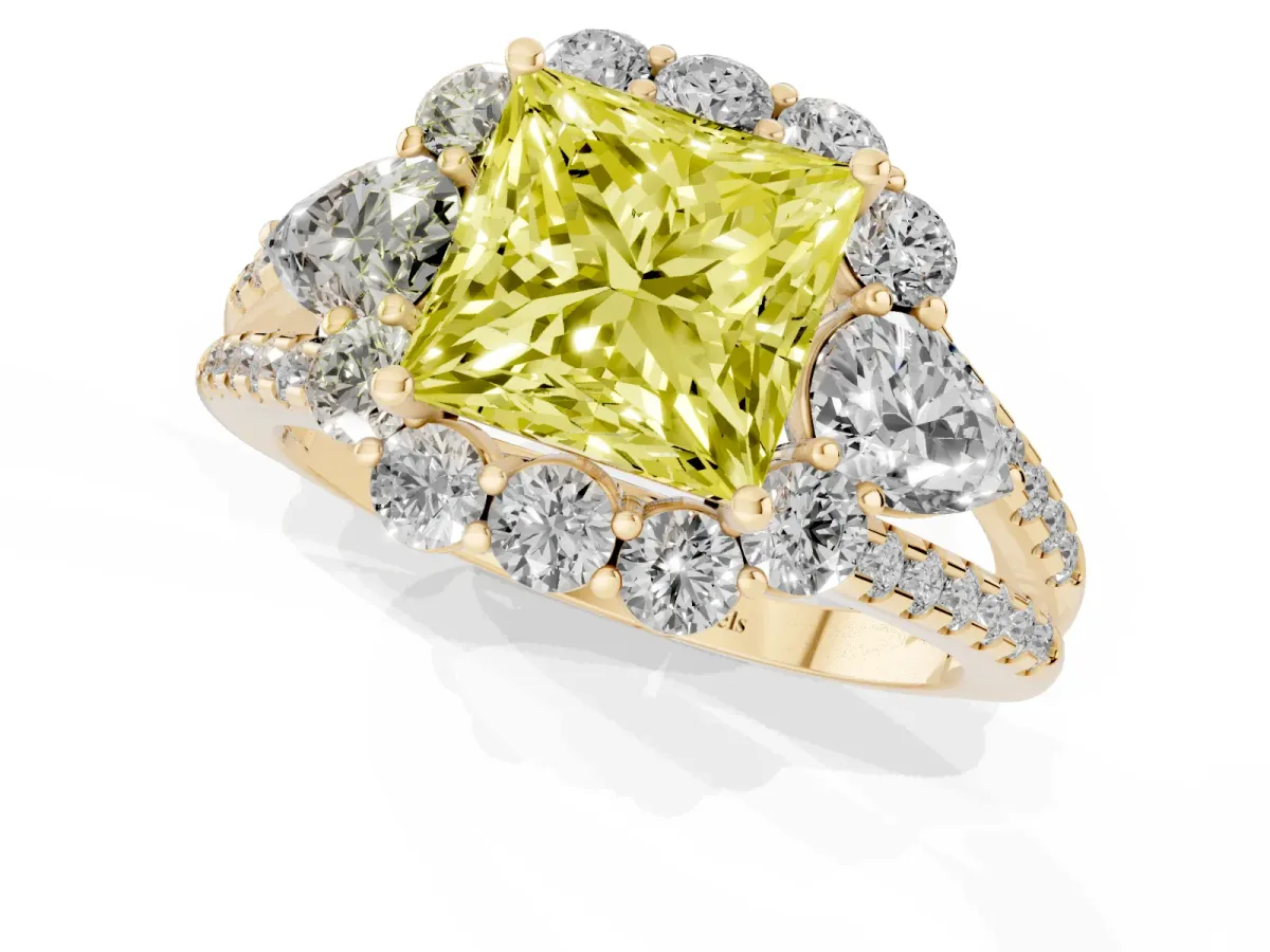 Fancy Yellow Princess Cut Halo Split Shank Diamond Engagement Ring with Prong Setting Yellow gold