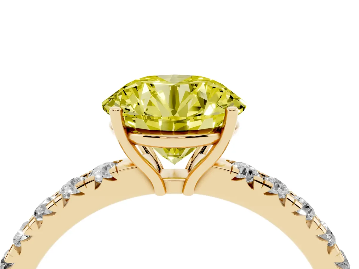 Fancy Yellow Round Cut Diamond Pavé Solitaire Engagement Ring with Four-Prong Setting Yellow gold