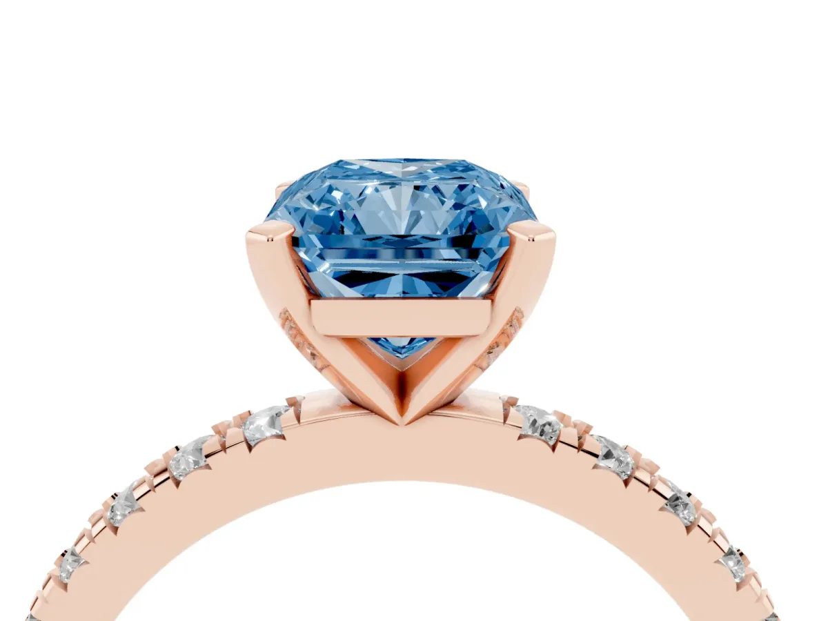 Fancy Blue Radiant Cut Diamond Pavé Band Solitaire with Four-Prong Setting Rose gold