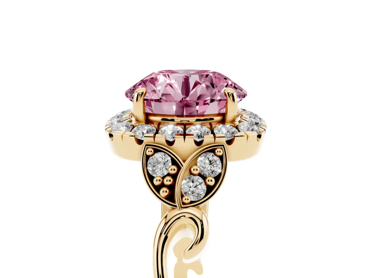 Fancy Pink Round Cut Halo Diamond Engagement Ring with Vintage-Inspired Band and Four-Prong Setting Yellow gold