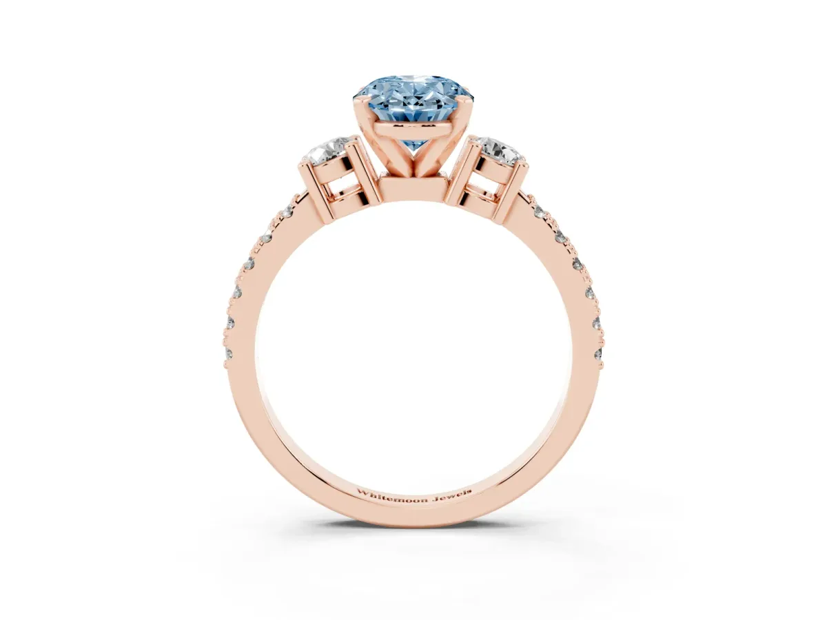 Fancy Blue Oval Cut Three-Stone Diamond Pavé Band with Prong Setting Rose gold