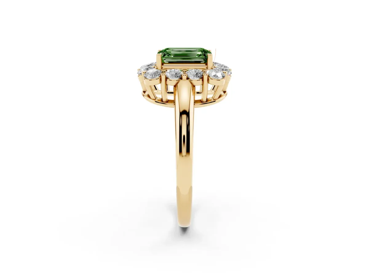 Fancy Green Emerald Cut Halo Cluster Diamond Engagement Ring with Prong Setting and Polished Band Yellow gold